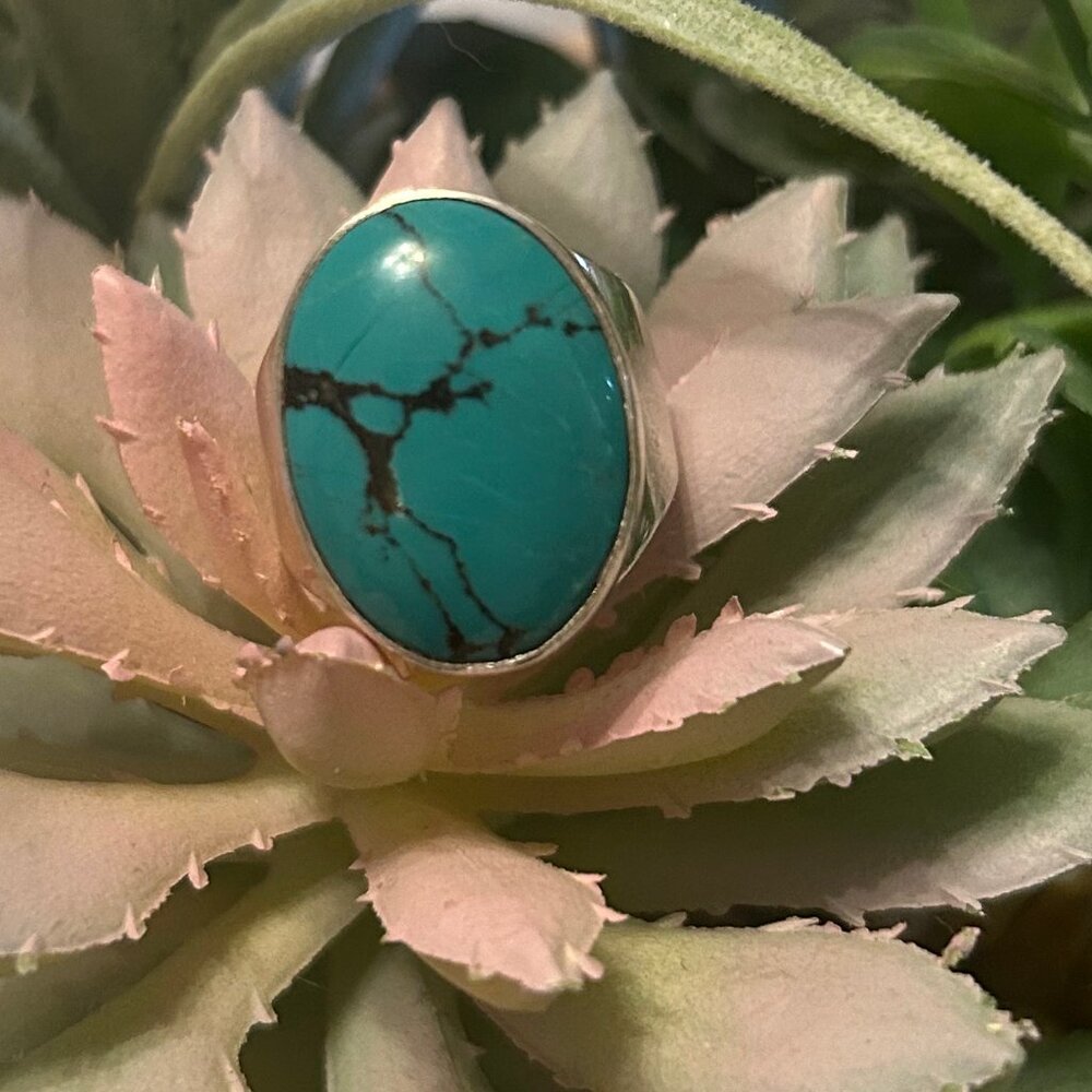 Stunning women's natural sterling silver turquoise statement ring size 8.5